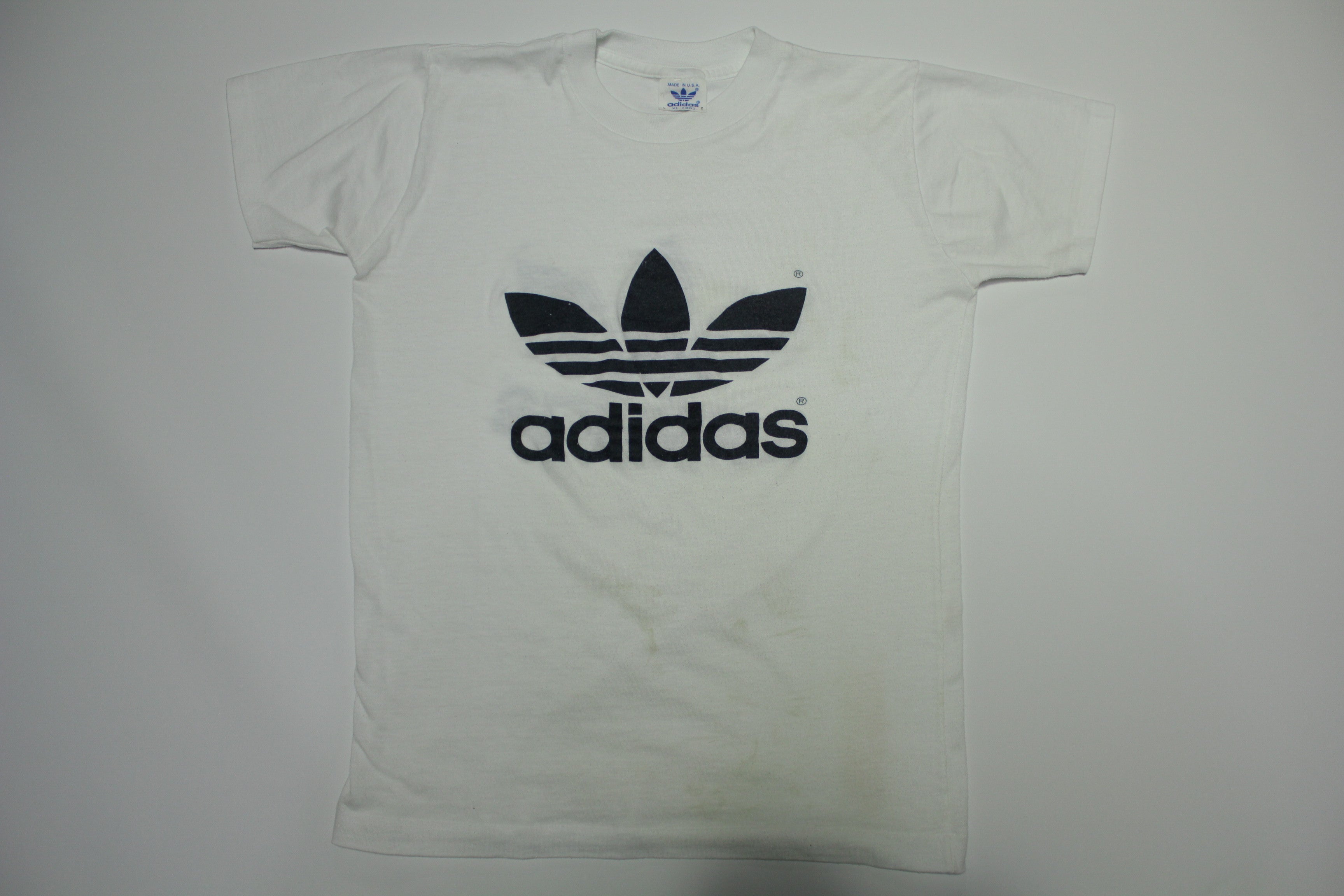 Adidas Vintage 80's Made In USA White Trefoil Logo Stained T-Shirt