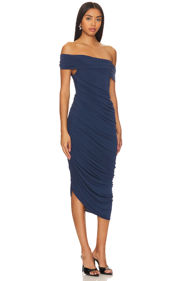 Alana Ruched Midi Off Shoulder Dress