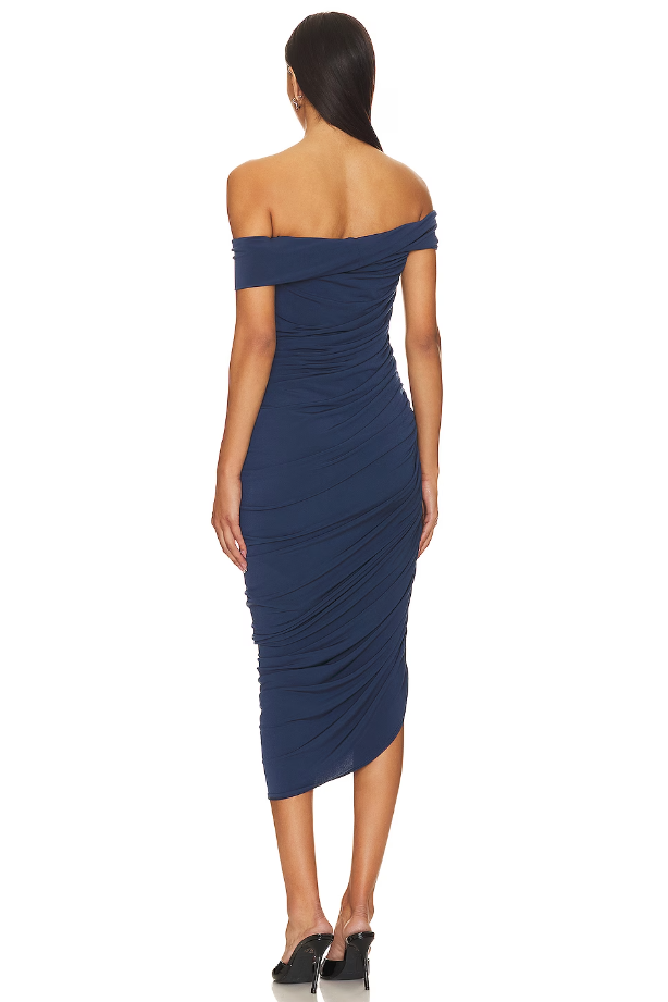 Alana Ruched Midi Off Shoulder Dress