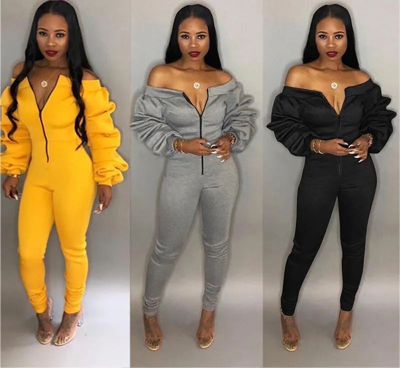 Autumn Women Casual Jumpsuit Zipper Slash Neck Off Shoulder Long Puff Sleeve Thick