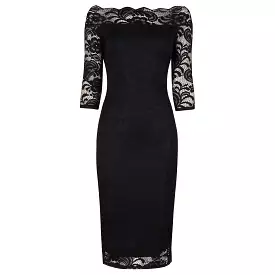 Black Lace 3/4 Sleeve Vintage Bardot Bodycon Wiggle Dress