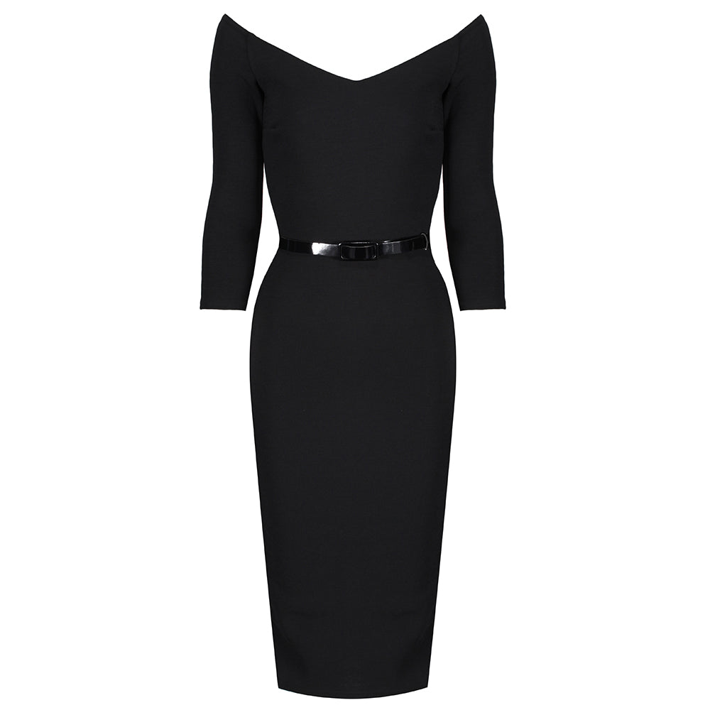 Black Wide V Neck 3/4 Sleeve Vintage Style Belted Bodycon Pencil Dress