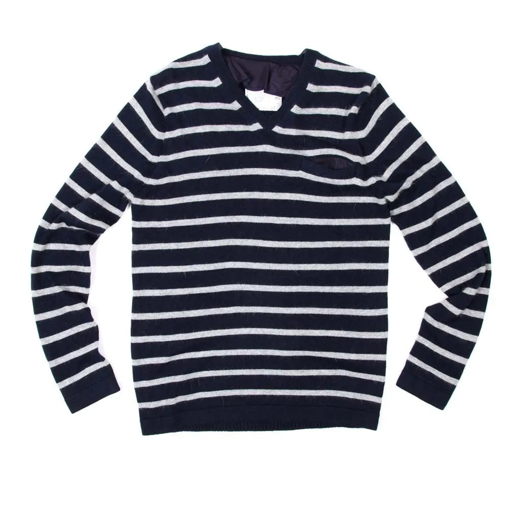 Border Stripe V Neck Angora Sweater