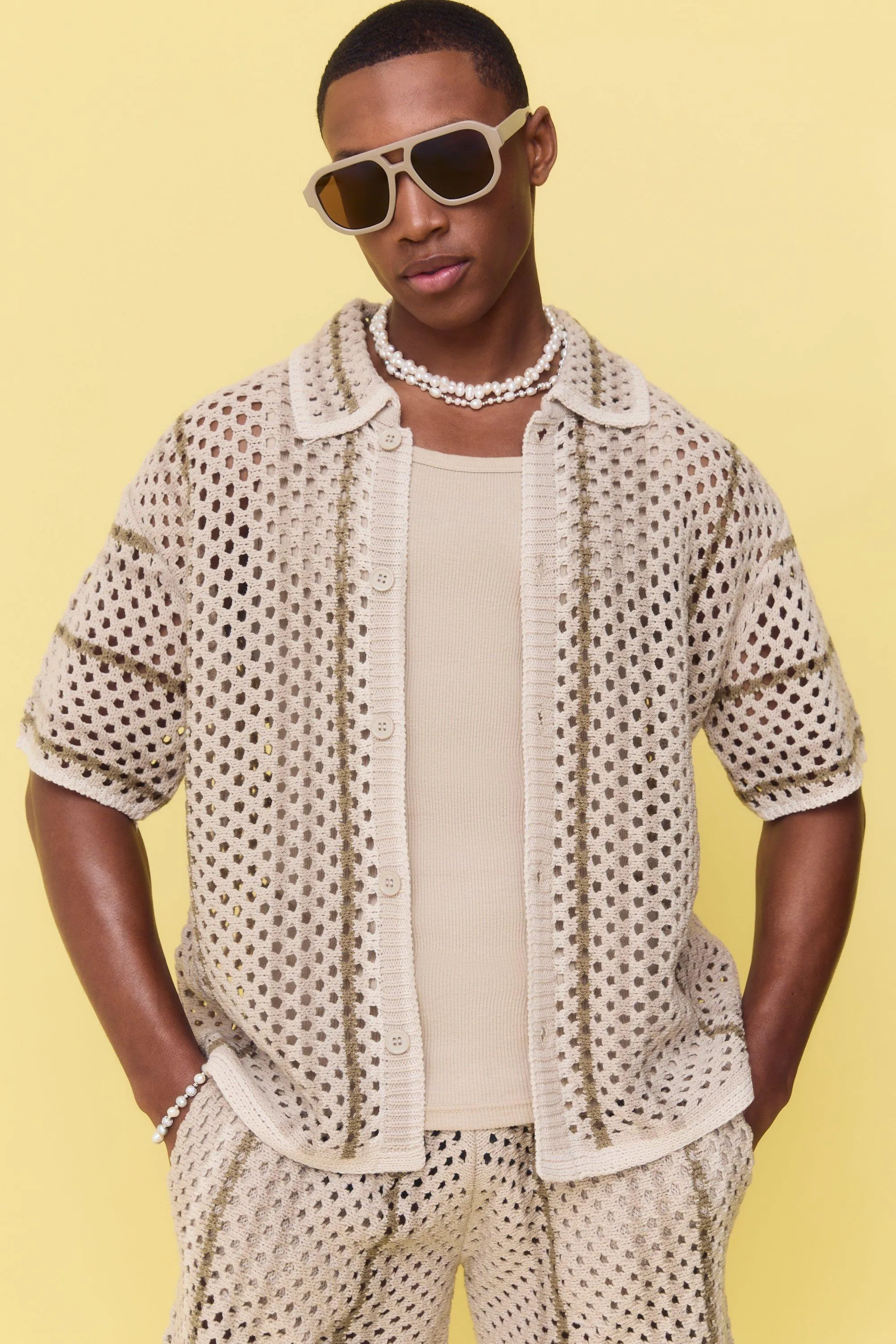 Boxy Oversized Open Stitch Stripe Knit Shirt | boohooMAN UK