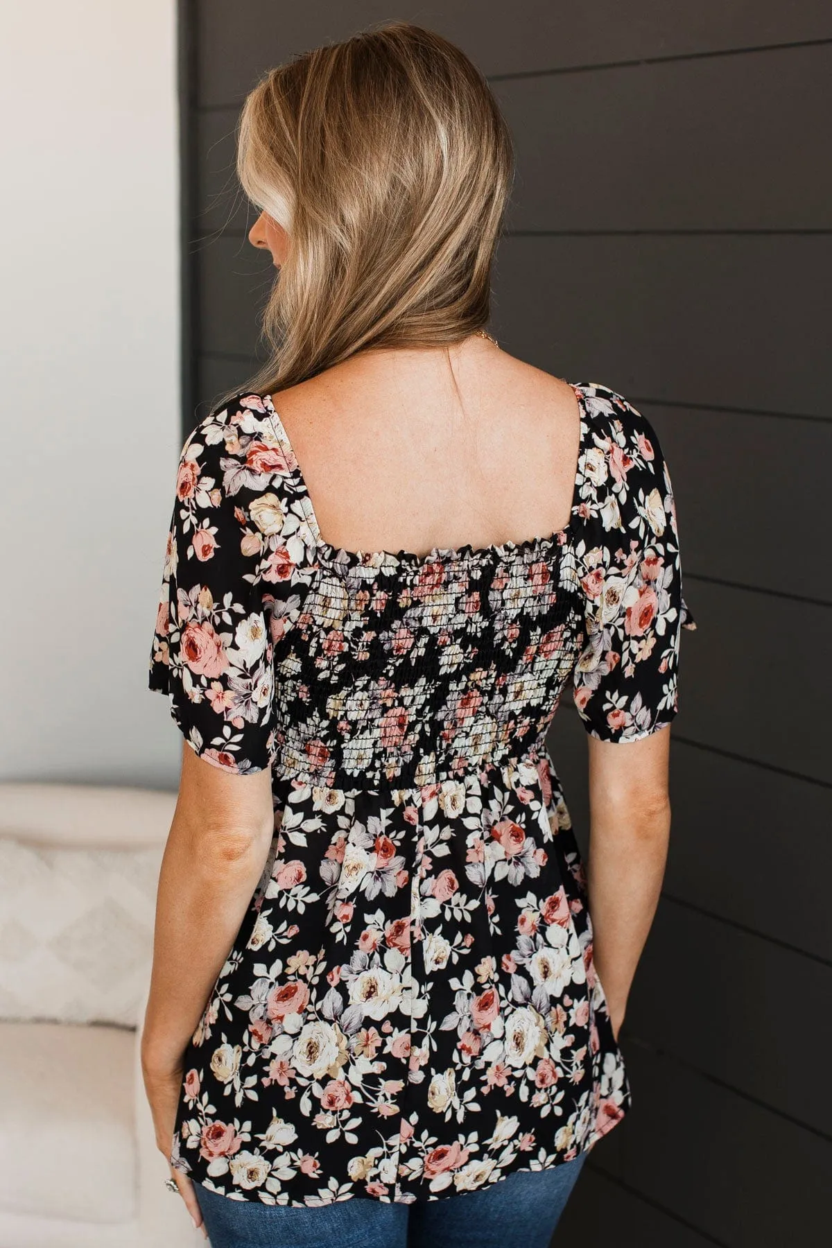 Catch A Glimpse Floral Smocked Blouse- Black