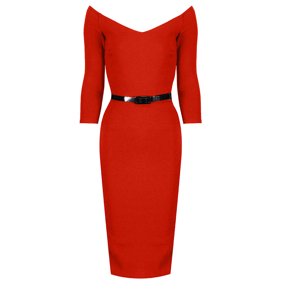 Cinnamon Orange Wide V Neck 3/4 Sleeve Belted Bodycon Pencil Dress