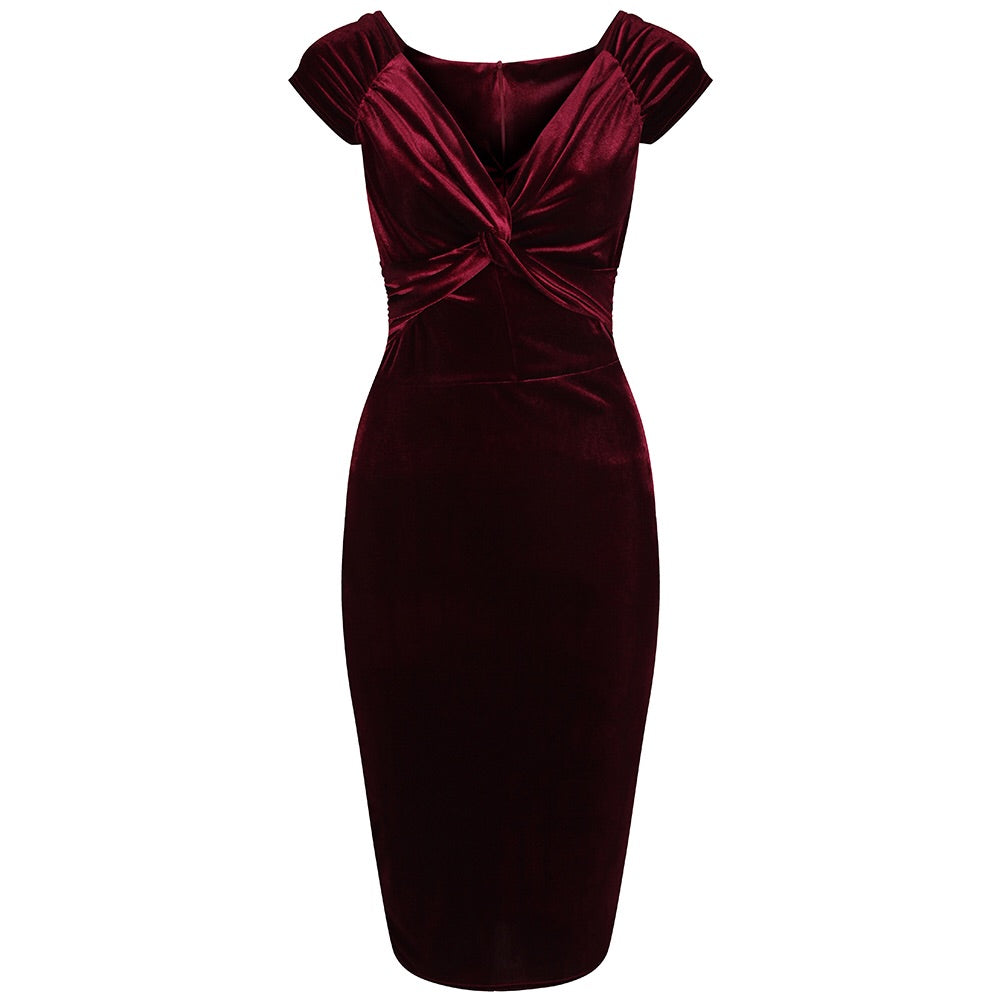 Claret Red Velour Crossover Wiggle Dress