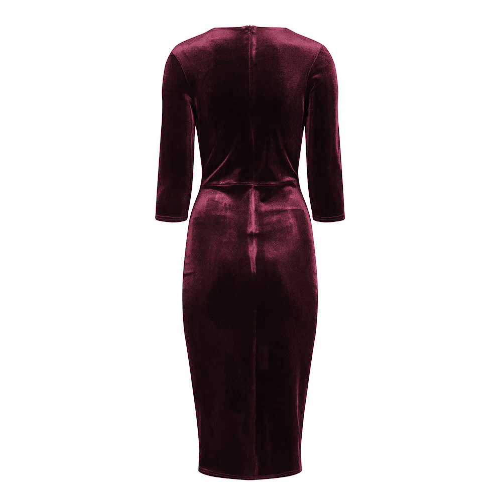 Claret Red Velour Deep V 3/4 Sleeve Bodycon Ruched Waist Wiggle Dress