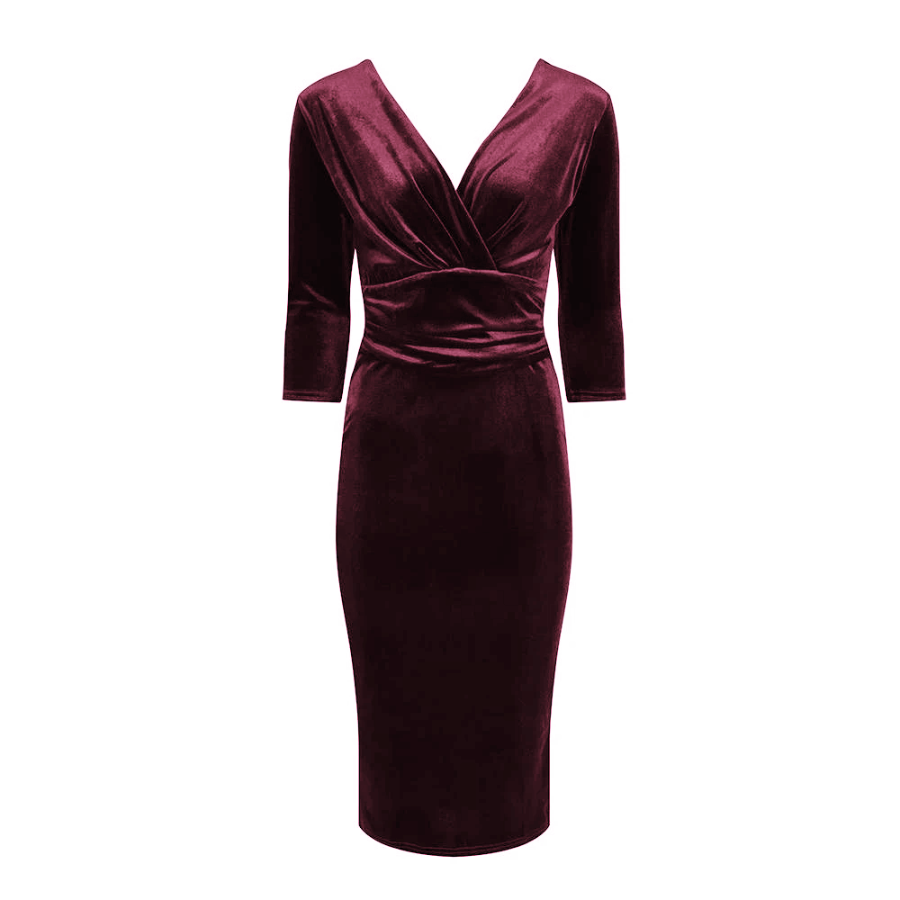 Claret Red Velour Deep V 3/4 Sleeve Bodycon Ruched Waist Wiggle Dress