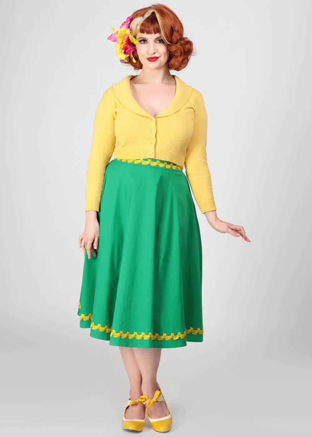 Collectif Matilde Banana Trim 50's Swing Skirt Green