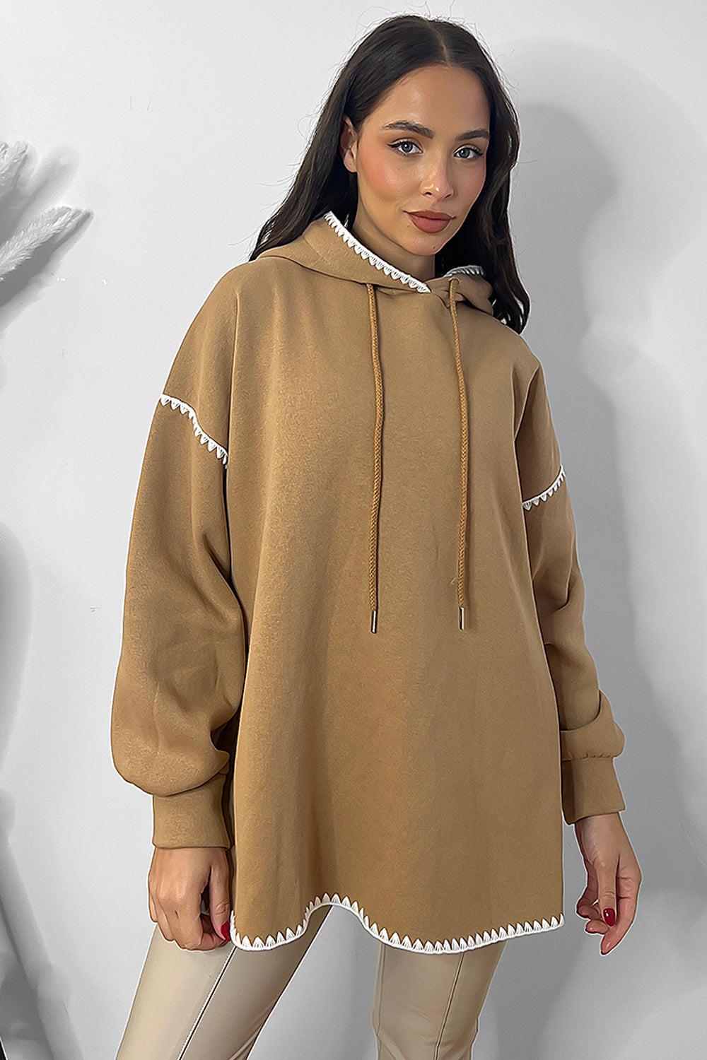 Contrast Stitch Trim Oversized Fleece Hoodie