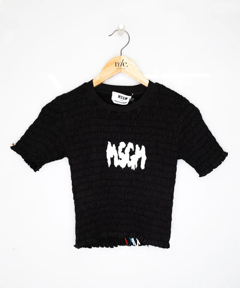 Cotton crop-top t-shirt with smock stitch Black