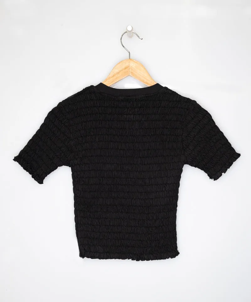 Cotton crop-top t-shirt with smock stitch Black