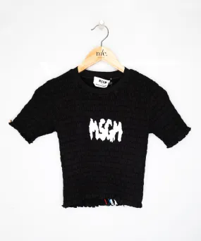 Cotton crop-top t-shirt with smock stitch Black