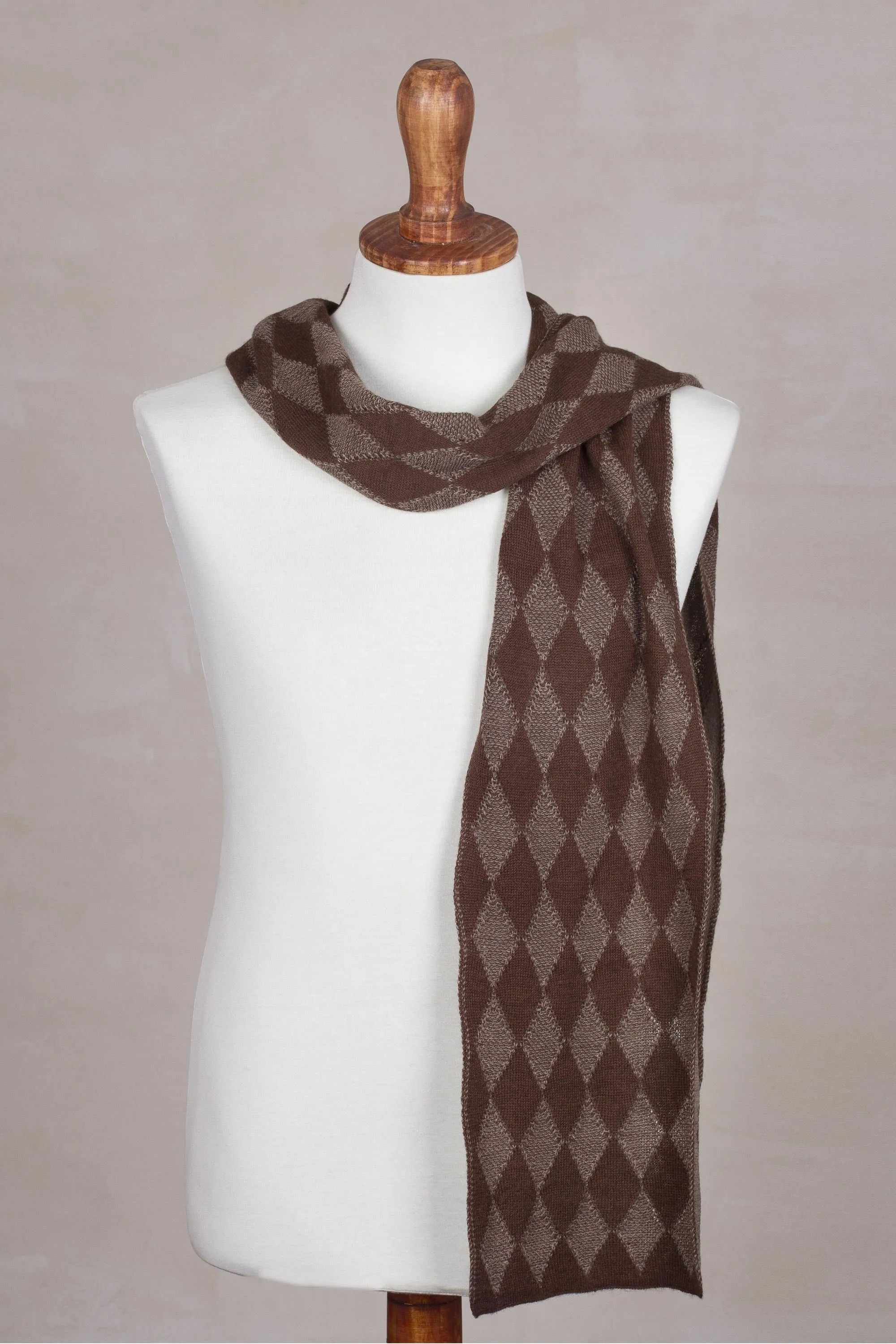 Diamond Brown Men's Knit Alpaca Blend Scarf with Brown Diamond Patterns