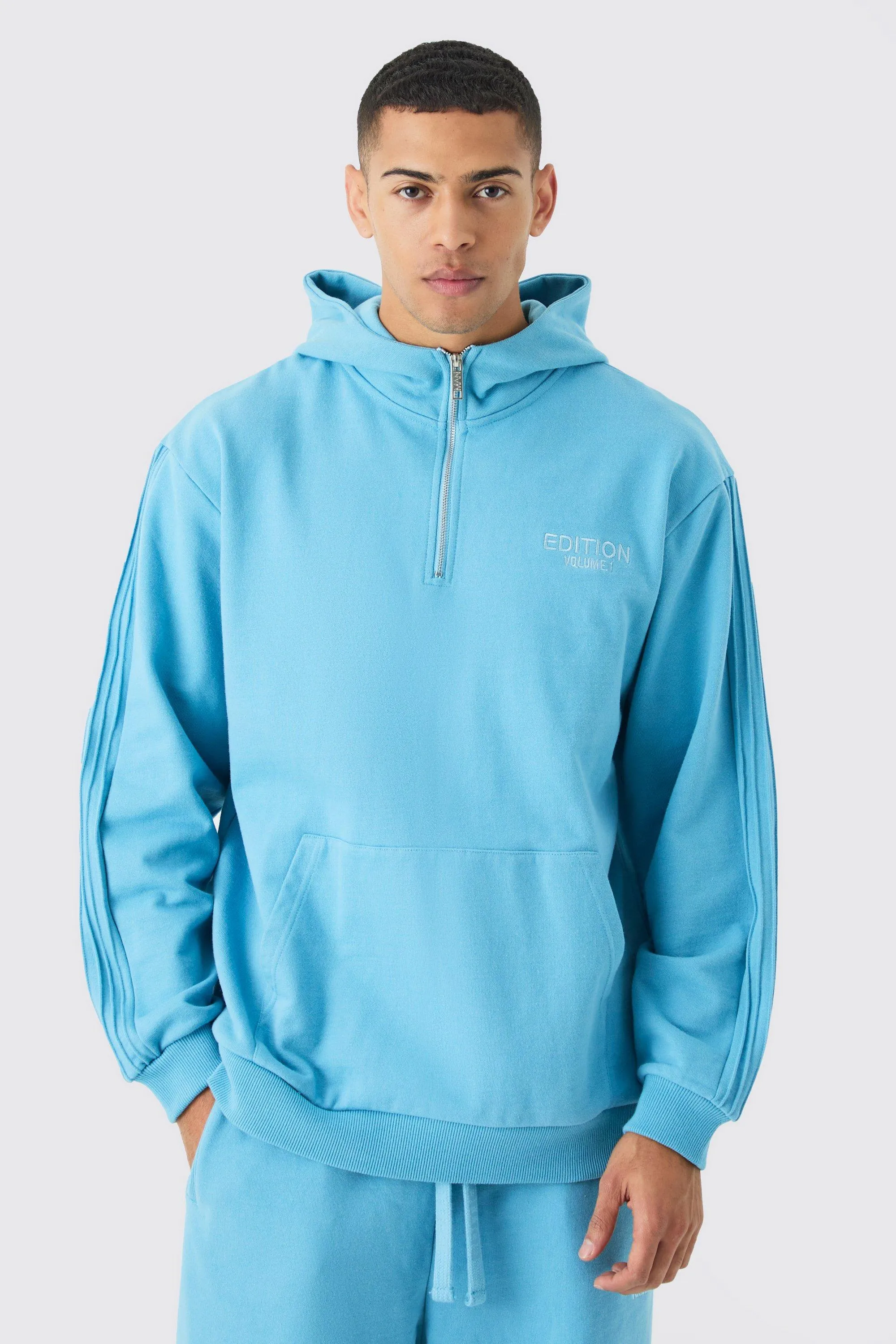 EDITION Oversized Heavyweight 1/4 Zip Pintuck Hoodie | boohooMAN UK