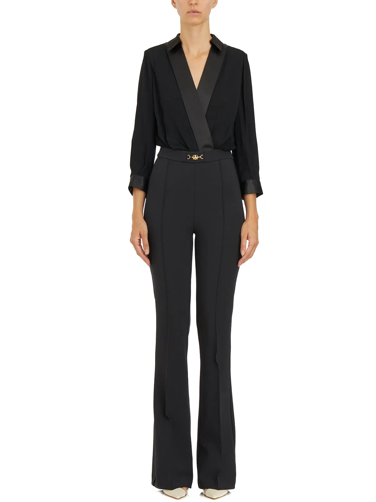 ELISABETTA FRANCHI Chic Satin-Lined Viscose Jumpsuit with Metallic Accents, Size 40