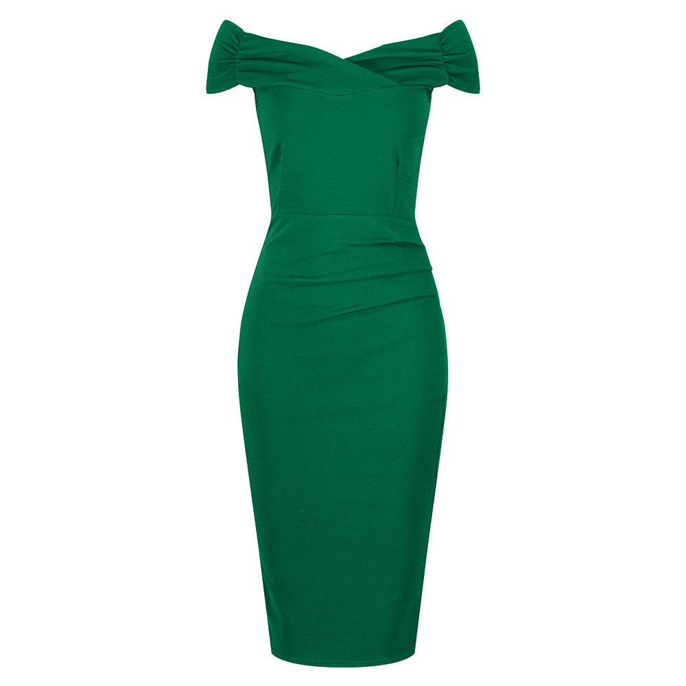 Emerald Green Cap Sleeve Crossover Top Bardot Wiggle Dress