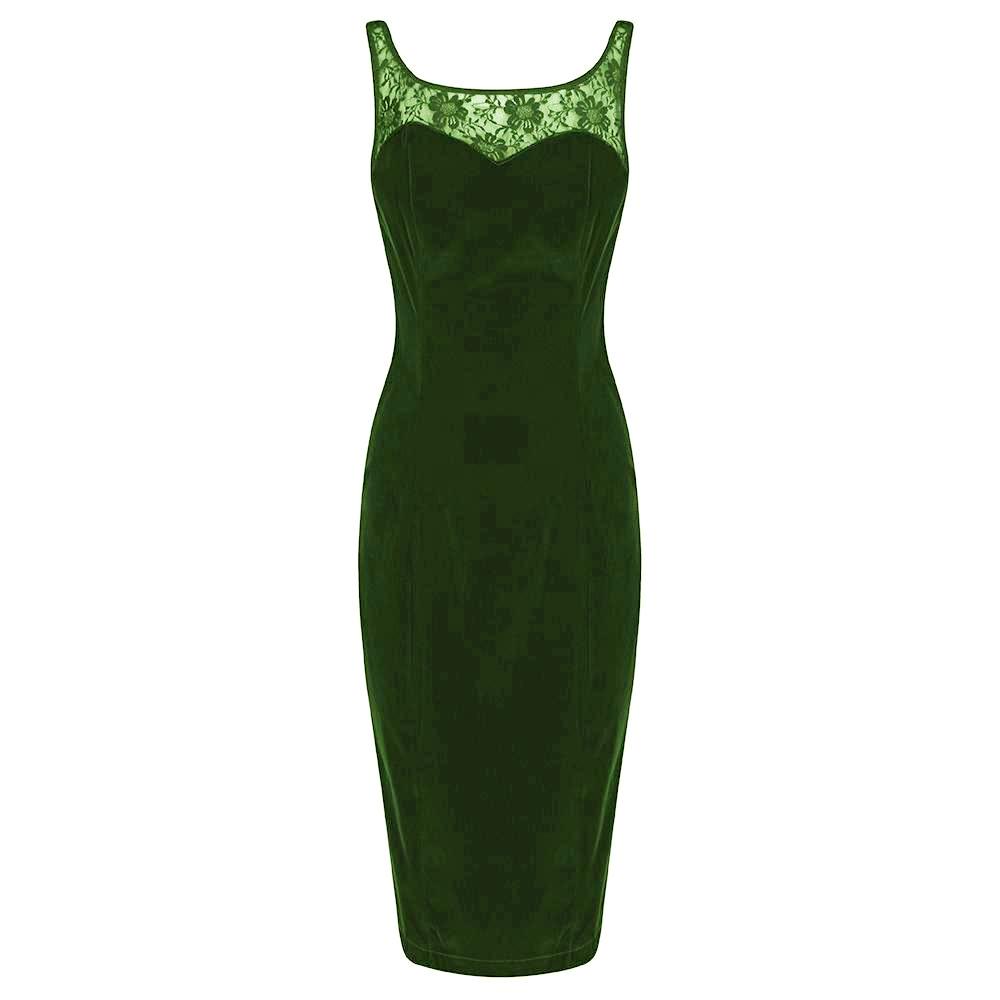 Emerald Green Velour and Lace Trim Sleeveless Wiggle Pencil Dress