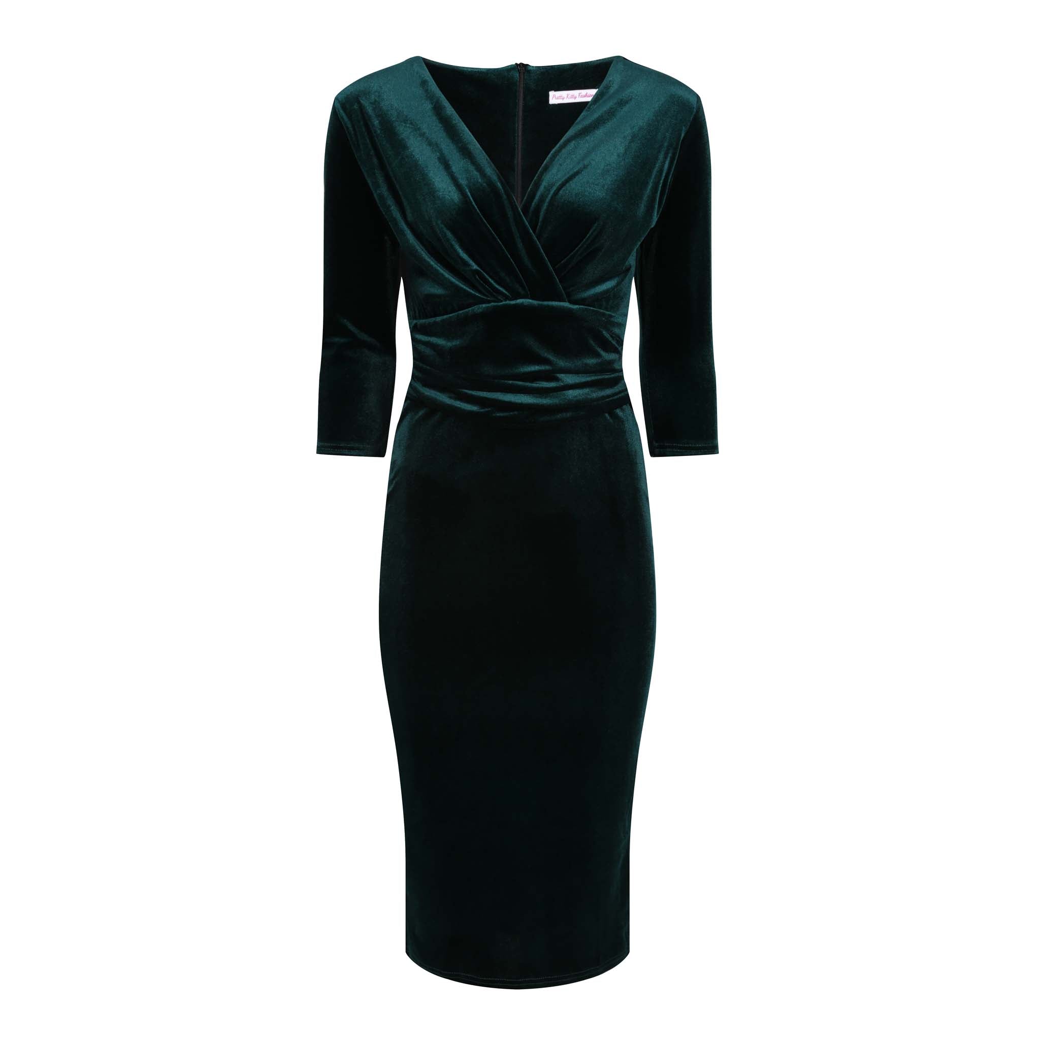 Emerald Green Velour Deep V 3/4 Sleeve Bodycon Ruched Waist Wiggle Dress