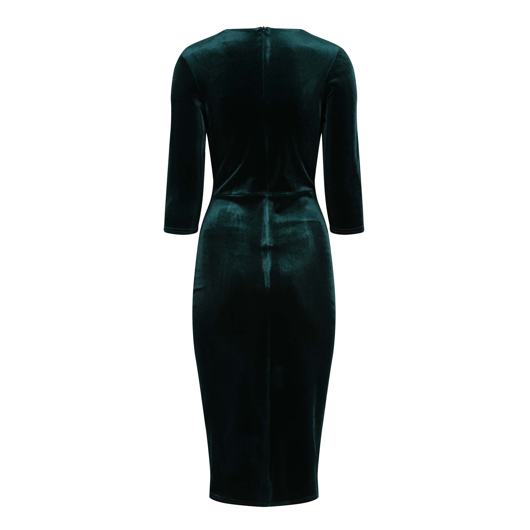 Emerald Green Velour Deep V 3/4 Sleeve Bodycon Ruched Waist Wiggle Dress