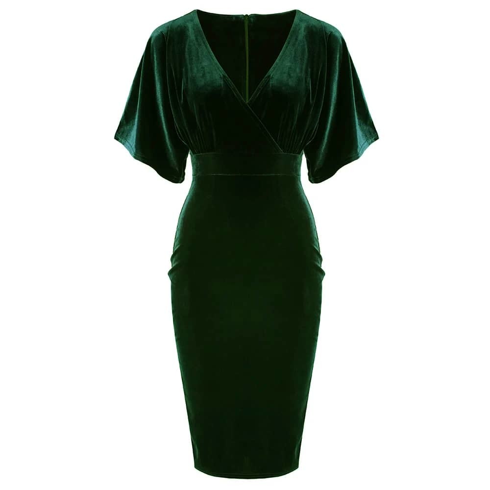 Emerald Green Velour Half Batwing Sleeve Crossover Top Wiggle Dress