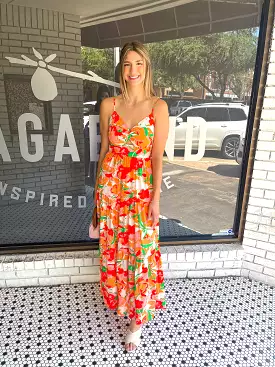 Floral Printed Spaghetti Maxi Dress- Peach