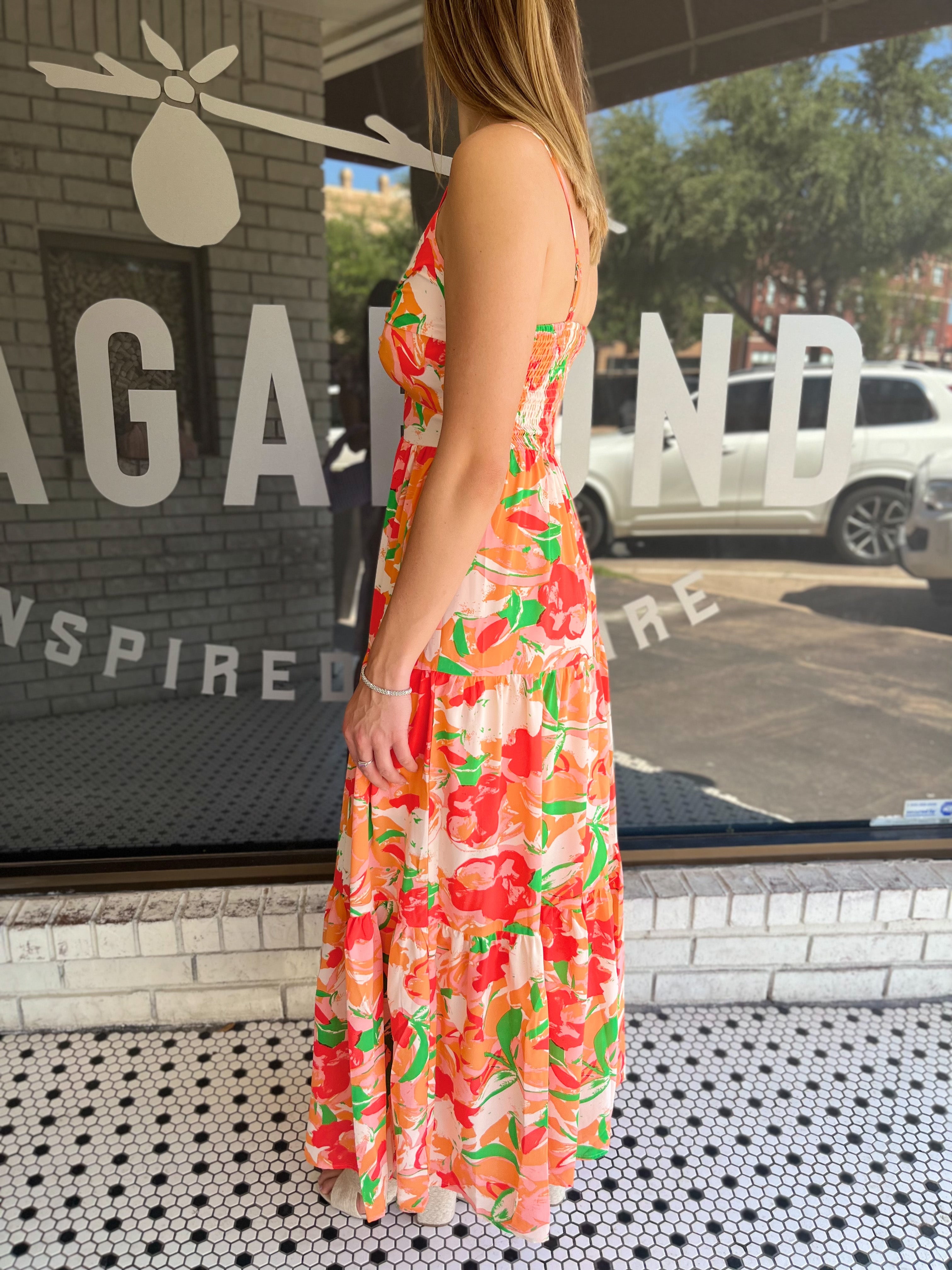 Floral Printed Spaghetti Maxi Dress- Peach