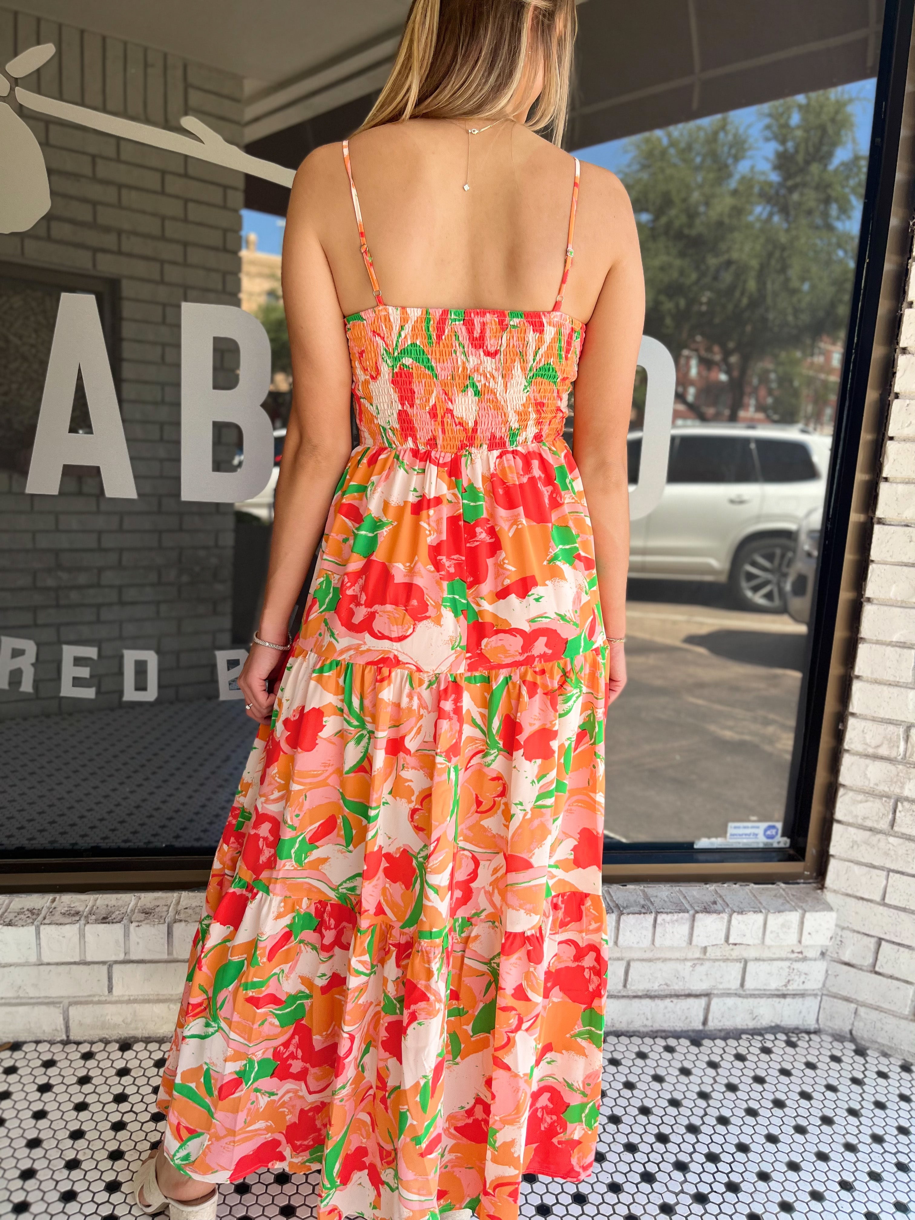 Floral Printed Spaghetti Maxi Dress- Peach