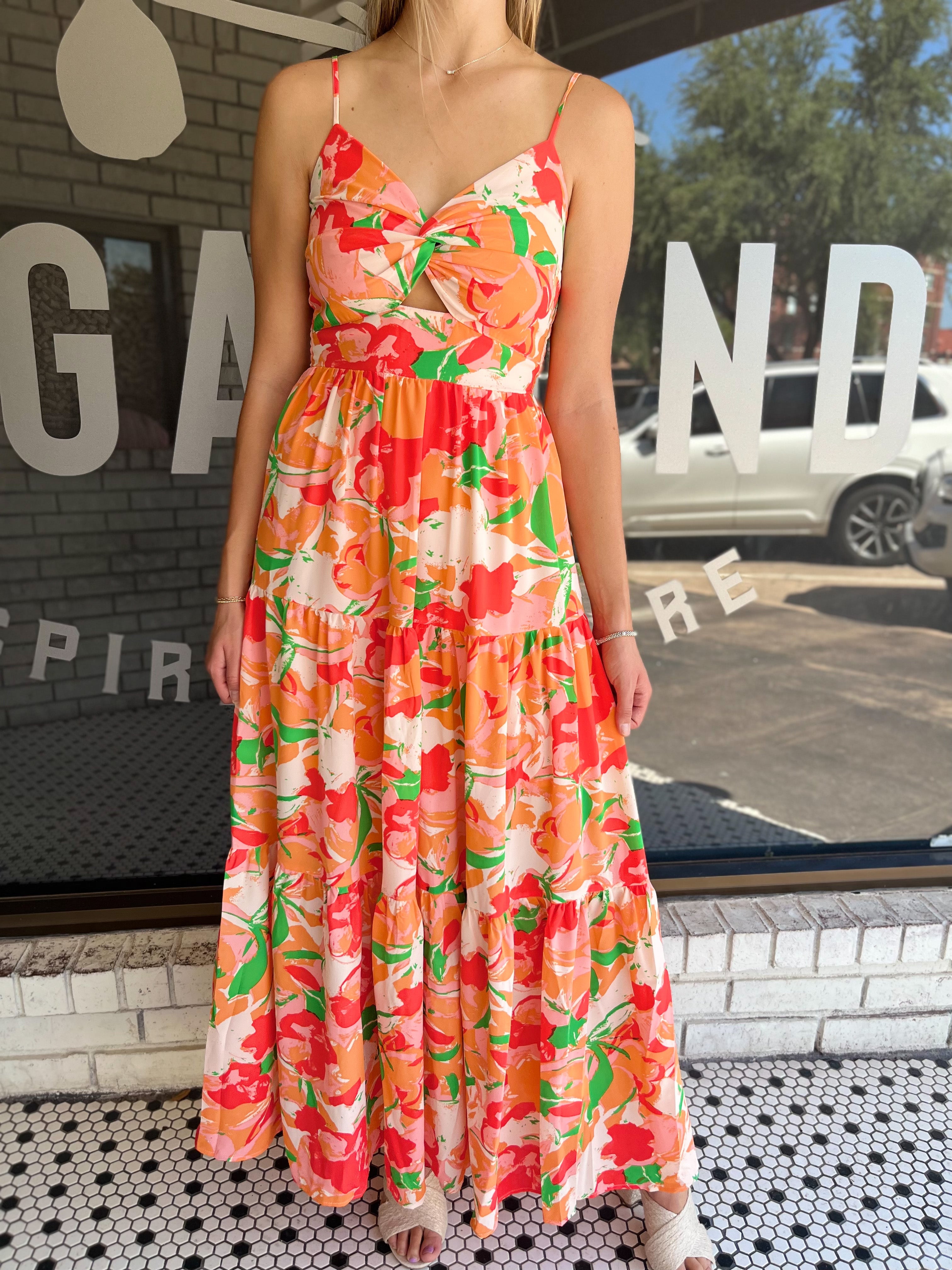 Floral Printed Spaghetti Maxi Dress- Peach