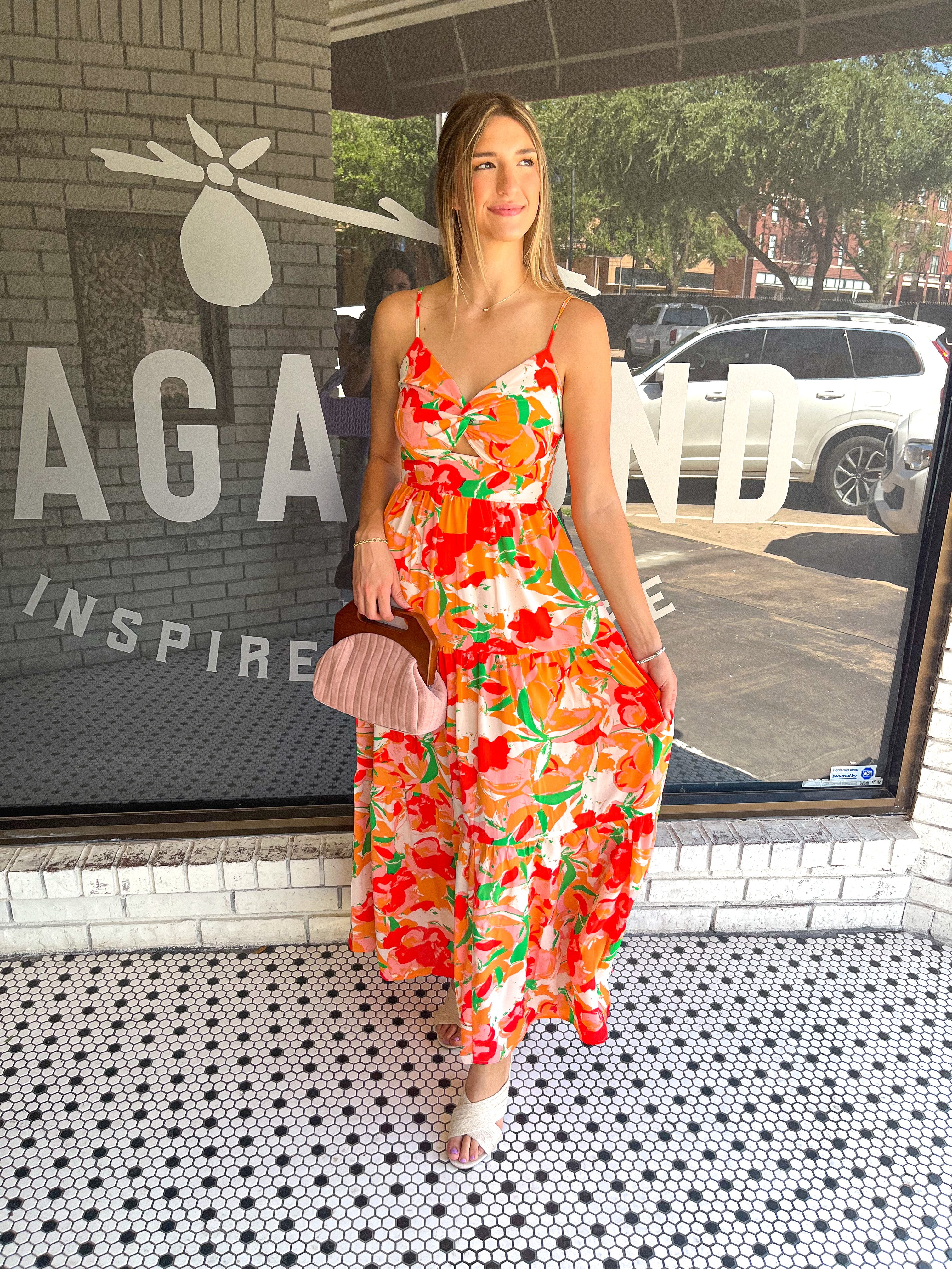 Floral Printed Spaghetti Maxi Dress- Peach