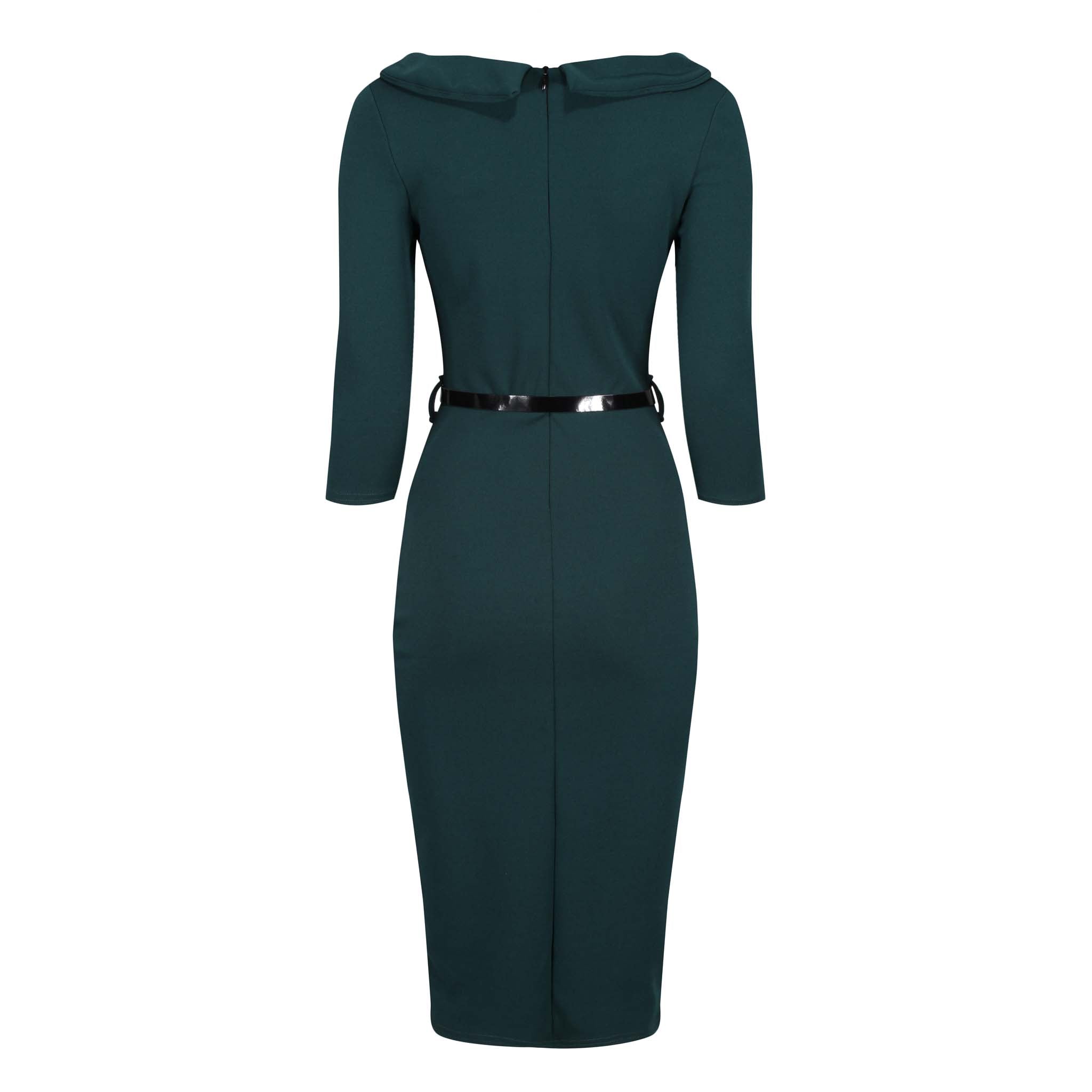 Forest Green Black Belted Bow Pencil Dress