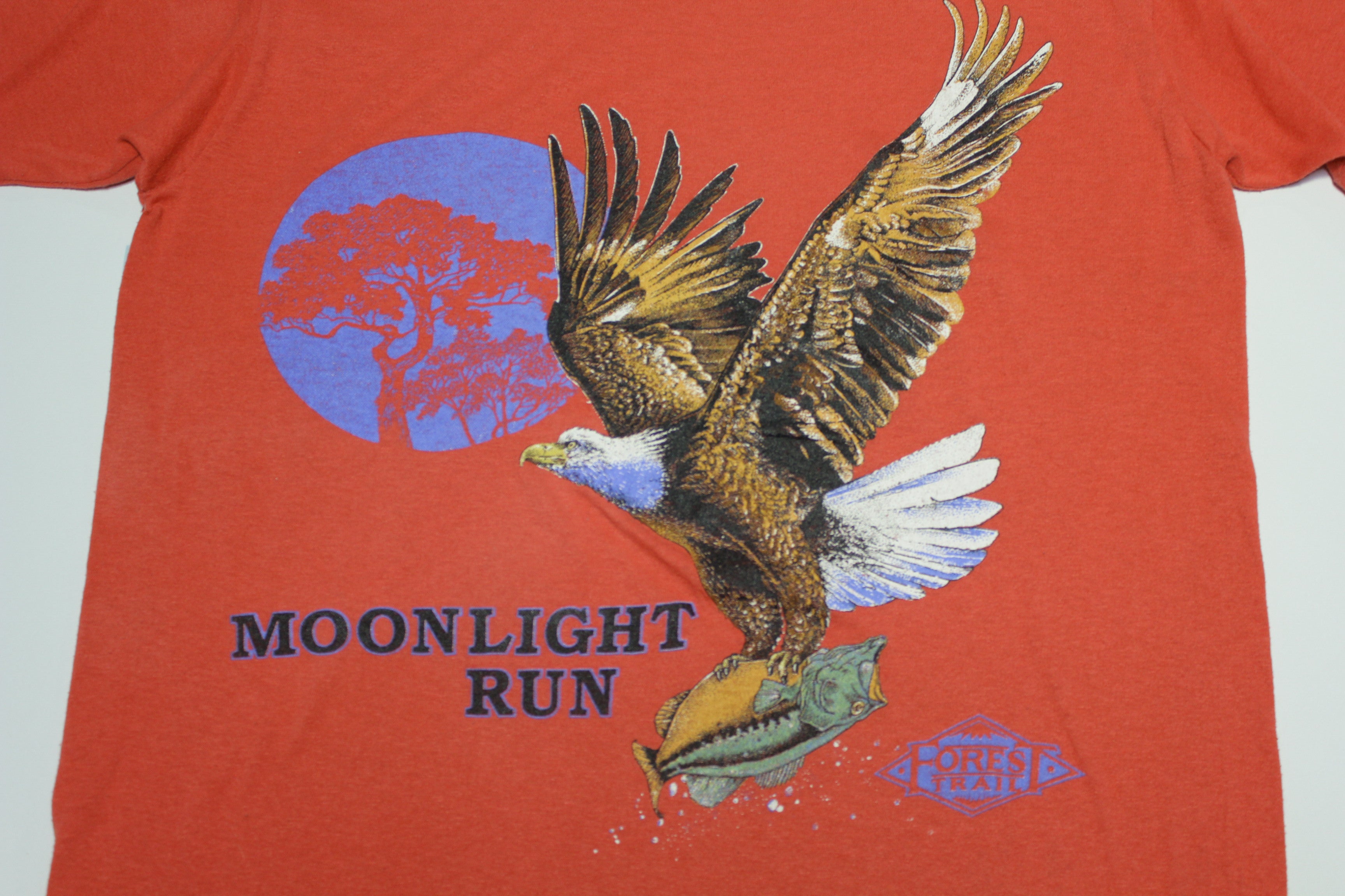 Forest Trail Moonlight Run Flying Eagle Big Bass Fish Vintage 80's USA Pocket T-Shirt