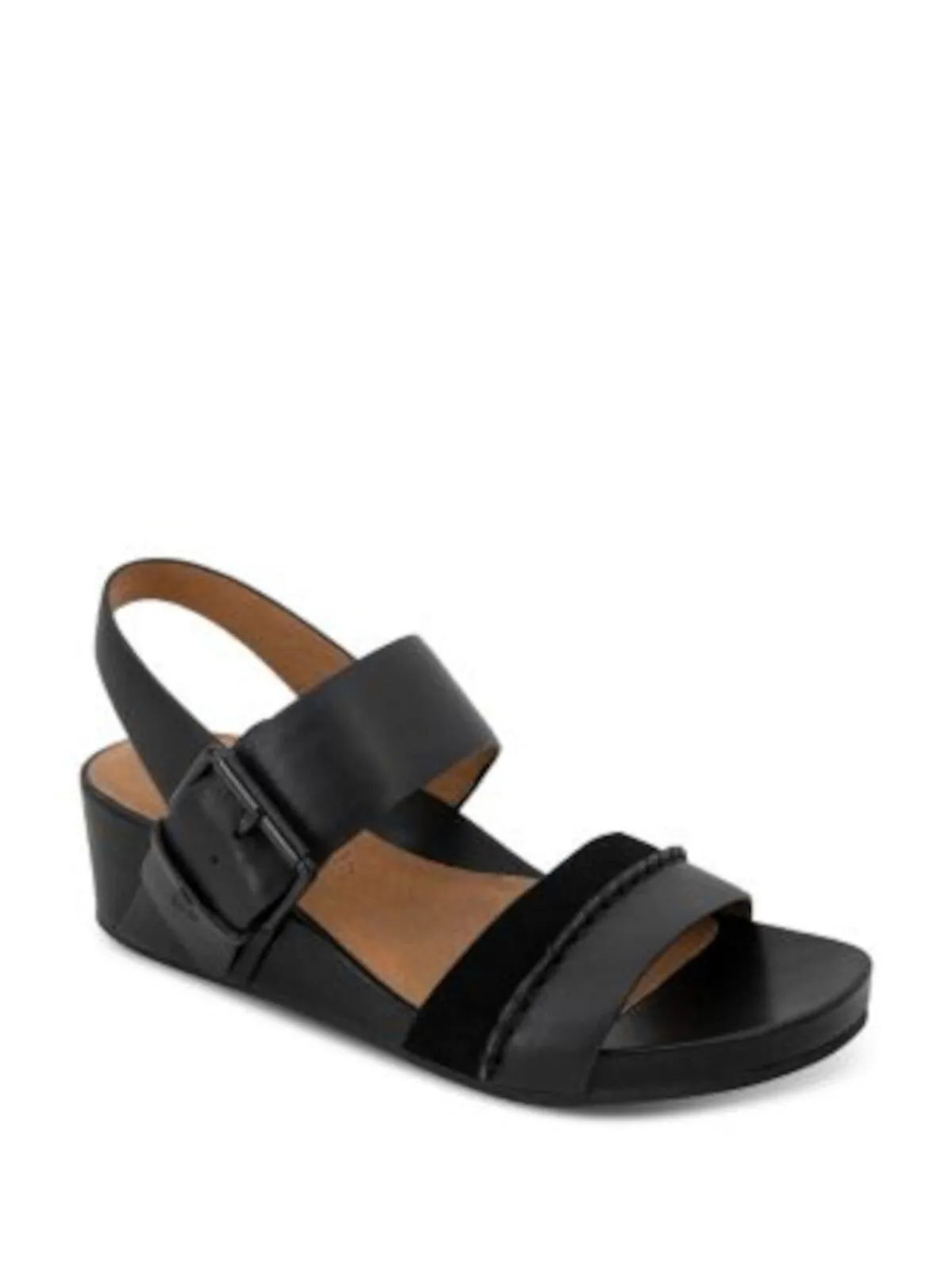 GENTLE SOULS KENNETH COLE Womens Black Cushioned Giulia Open Toe Wedge Buckle Leather Slingback Sandal