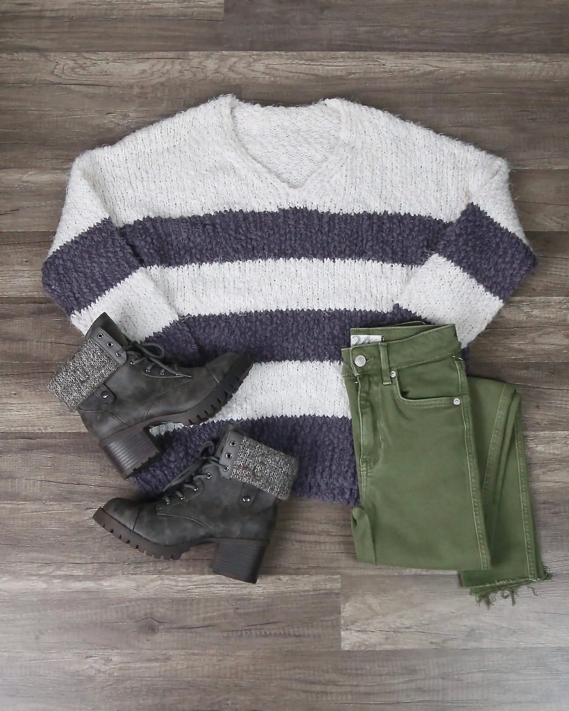 Girls Like Me Striped Fuzzy Knit Sweater with Side Slit in Purple Grey/Cream