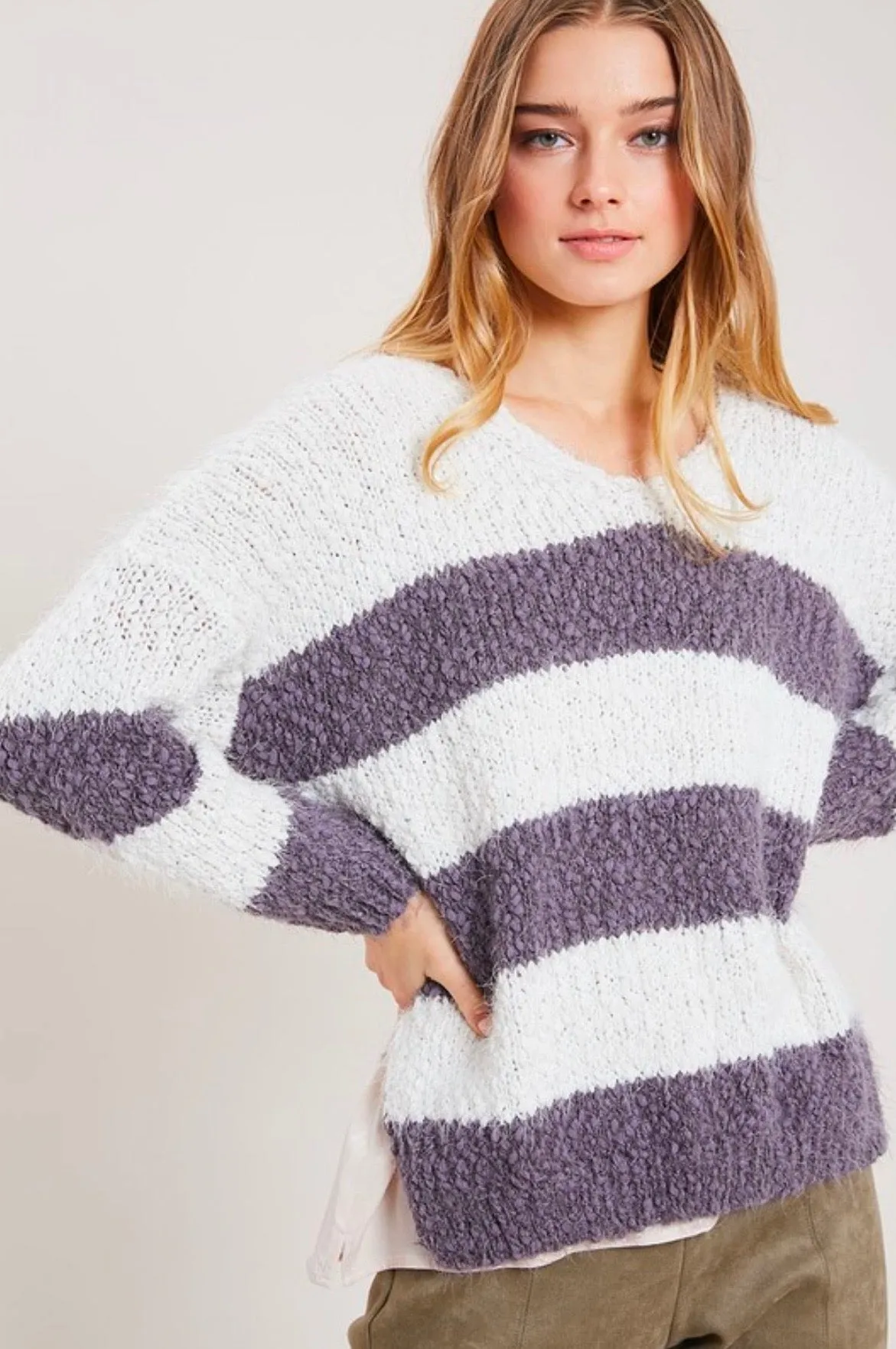 Girls Like Me Striped Fuzzy Knit Sweater with Side Slit in Purple Grey/Cream