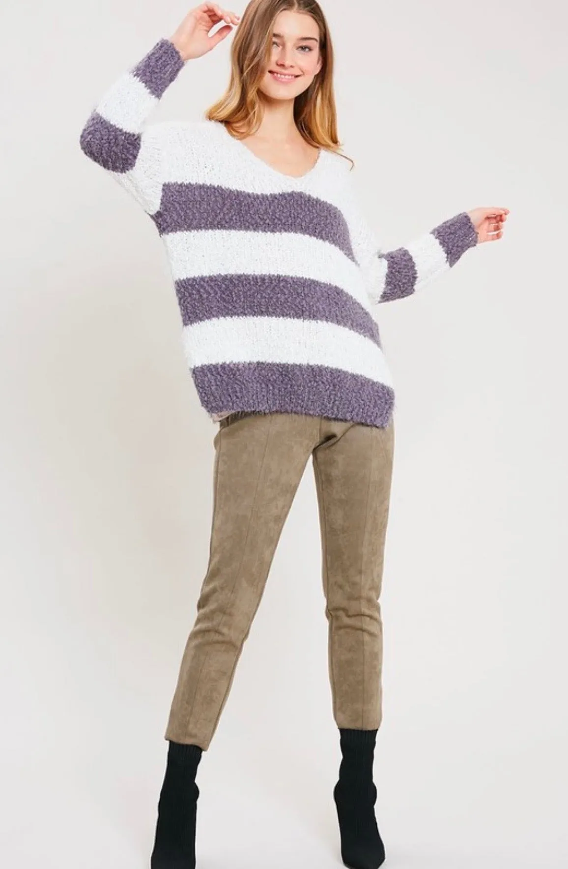 Girls Like Me Striped Fuzzy Knit Sweater with Side Slit in Purple Grey/Cream