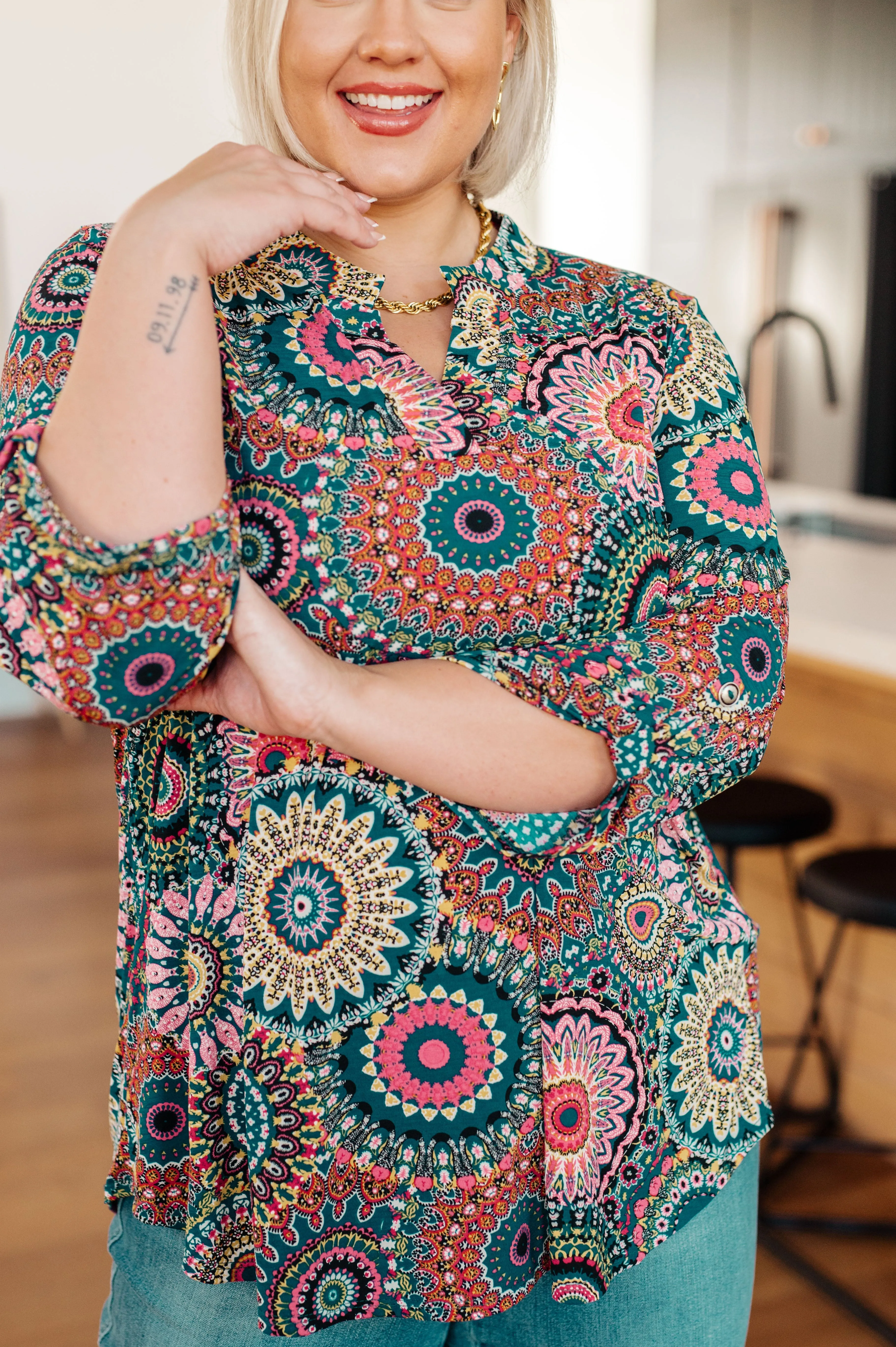 Grace Blouse in Teal Medallion