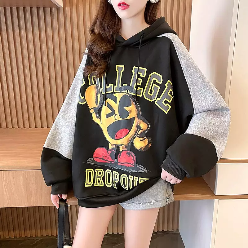 Hoodie women's fleece loose cartoon pattern pullove