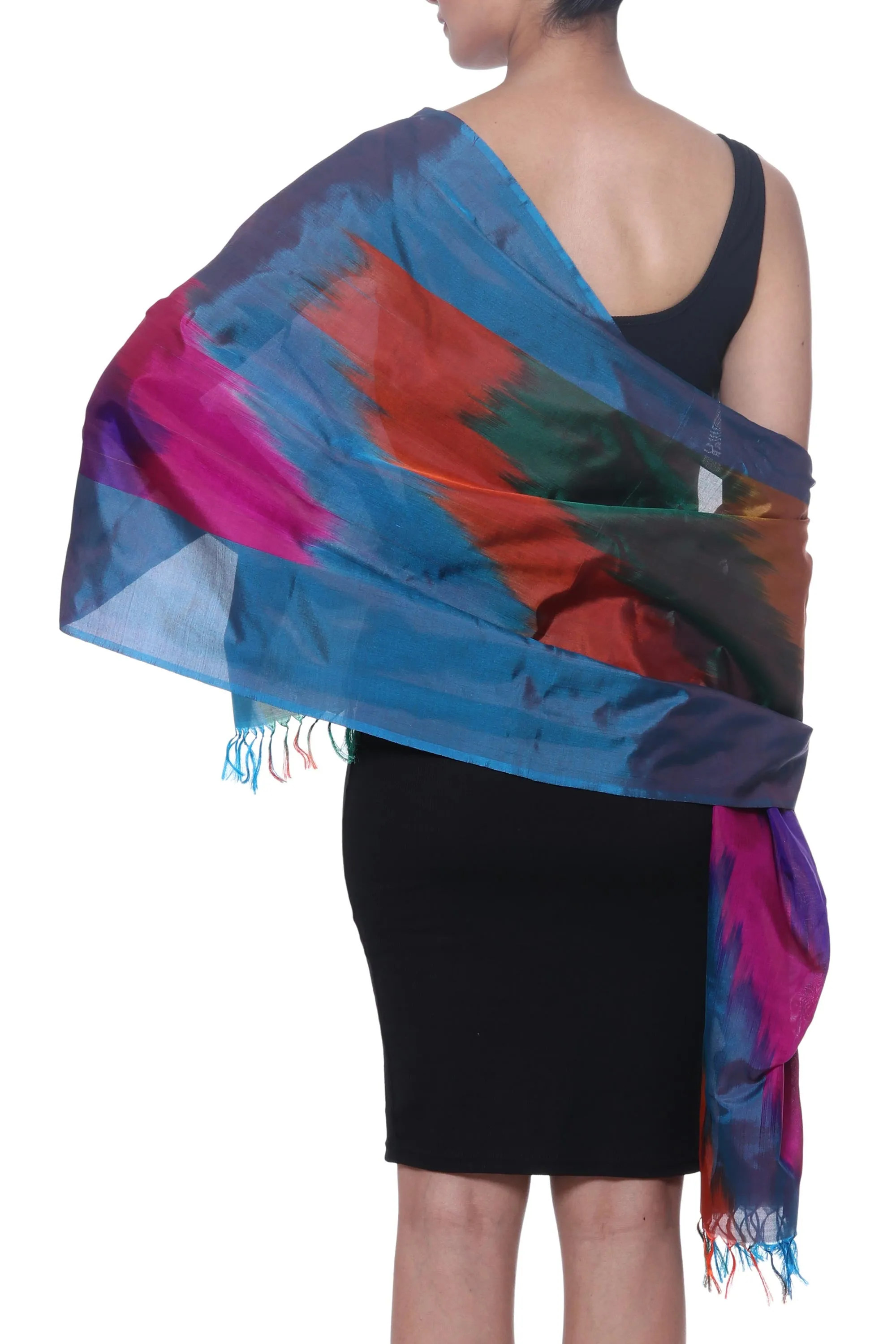 Ikat Taste Colorful Ikat Handwoven Silk Scarf from India