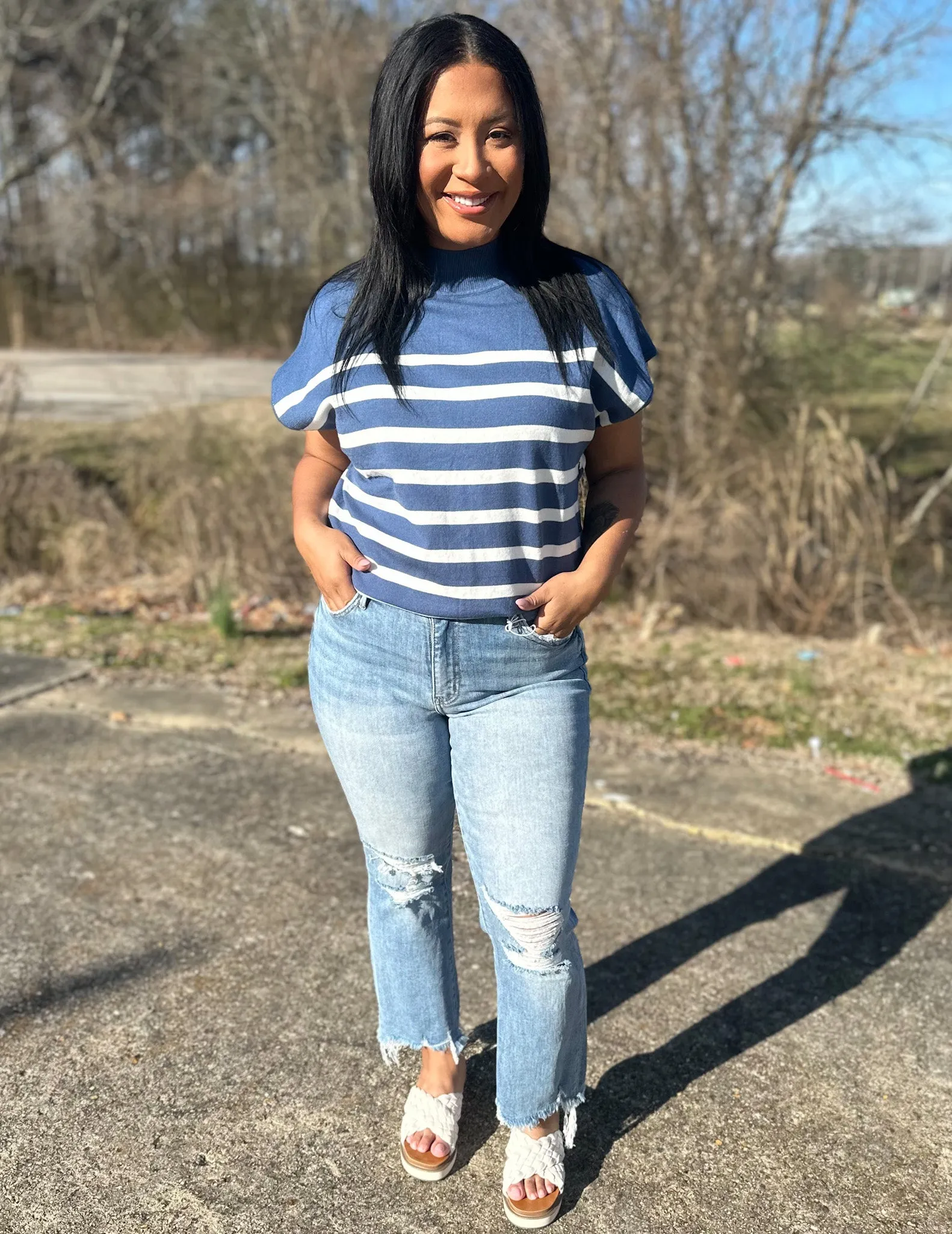 Keep On Giving Striped Top Denim