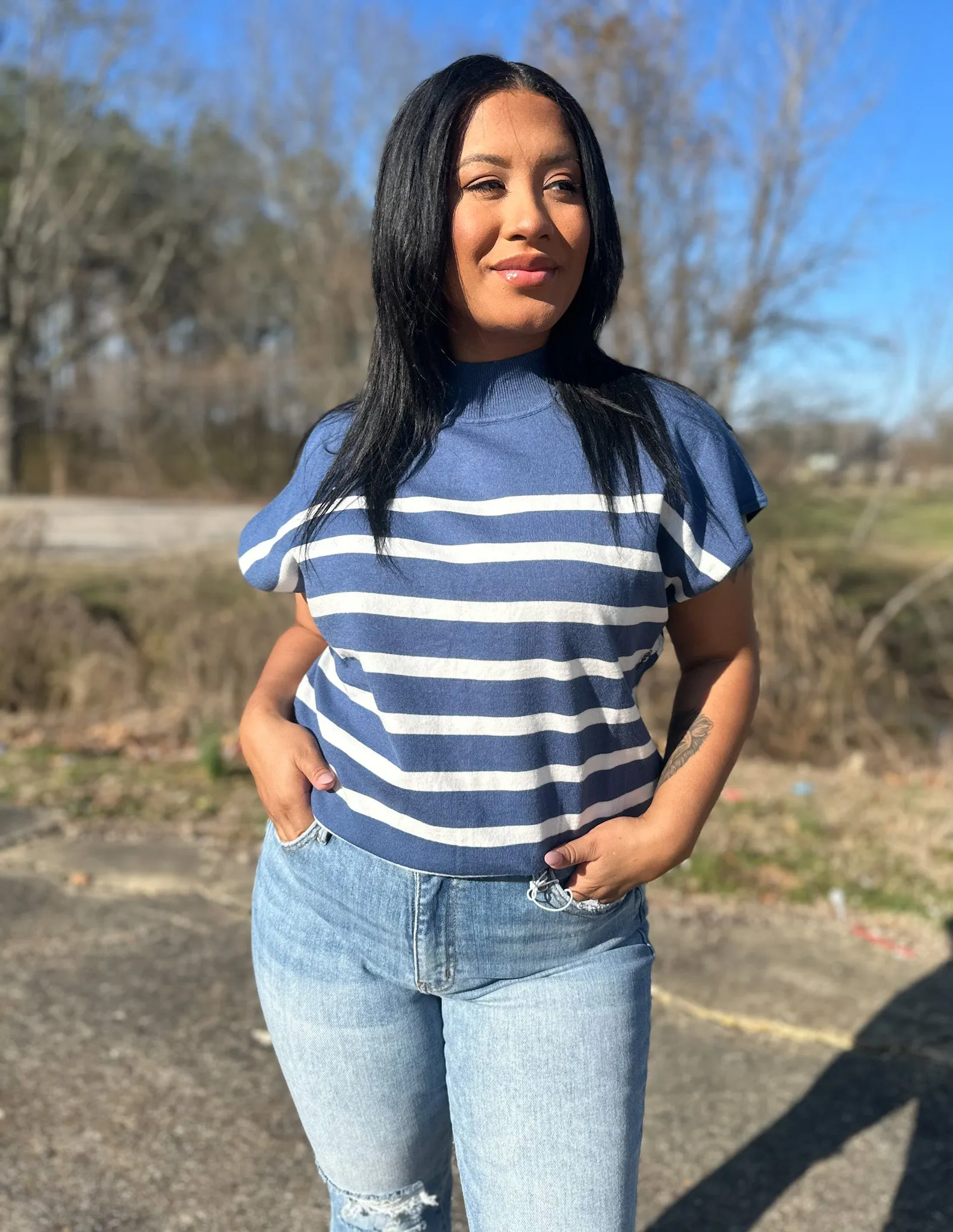 Keep On Giving Striped Top Denim