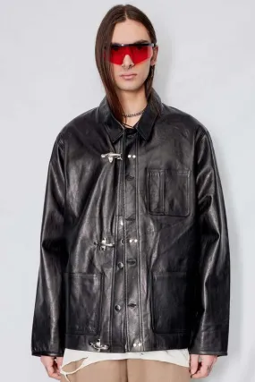 Leather Fireman Field Coat - Black