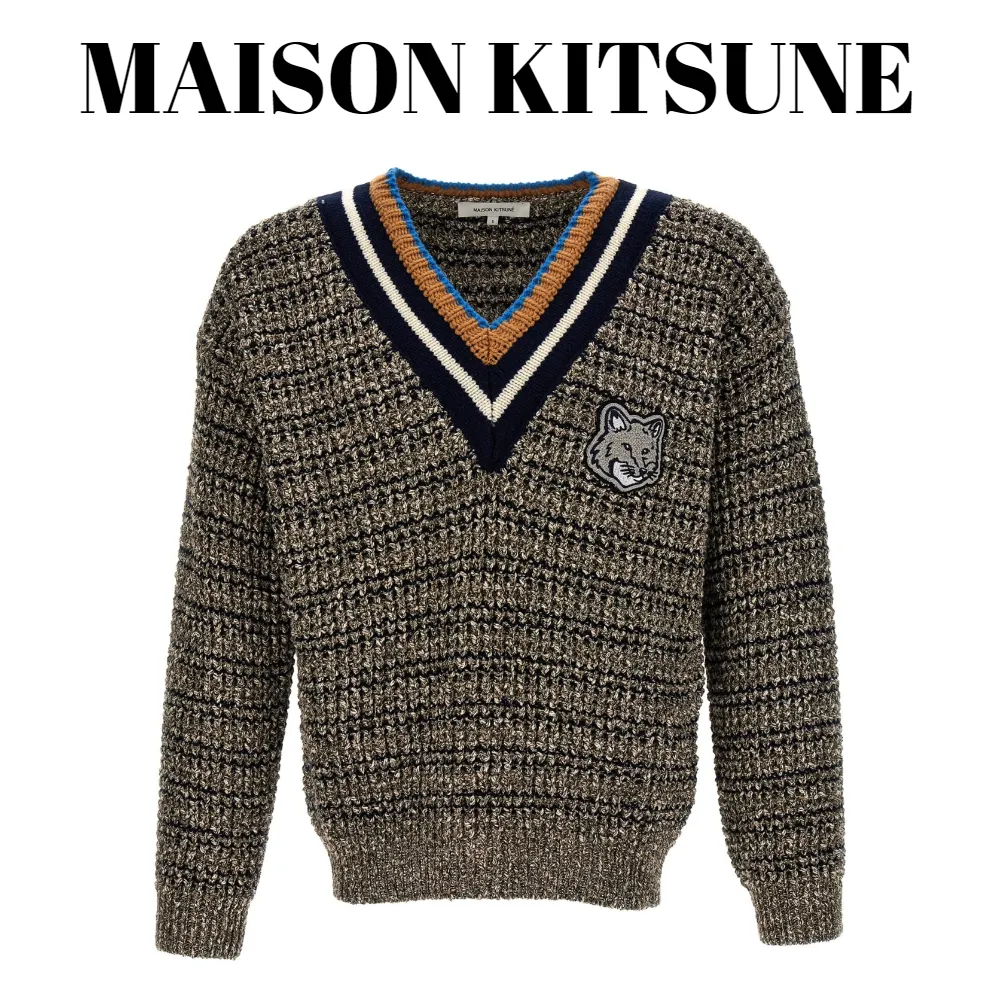 MAISON KITSUNE  |Wool Street Style V-Neck Long Sleeves Plain Logo Designers