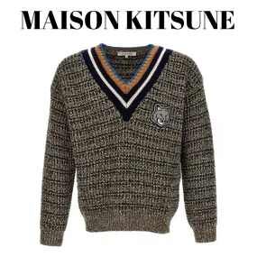 MAISON KITSUNE  |Wool Street Style V-Neck Long Sleeves Plain Logo Designers