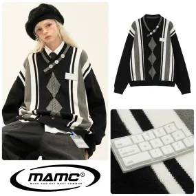 MAMC  |Unisex Street Style V-Neck Long Sleeves Oversized Logo