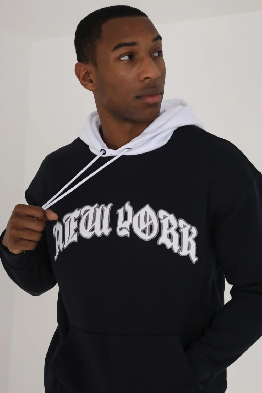 Mens Navy Oversized Fit New York Embroidery Pullover Hoodie