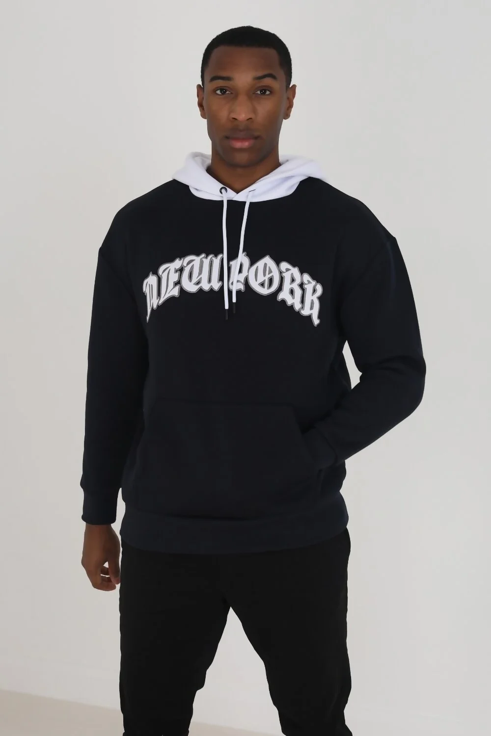 Mens Navy Oversized Fit New York Embroidery Pullover Hoodie