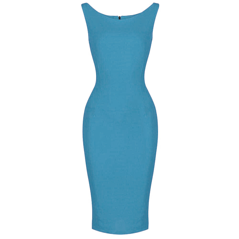 Mid Blue 40s Bodycon Sleeveless Hollywood Wiggle Dress