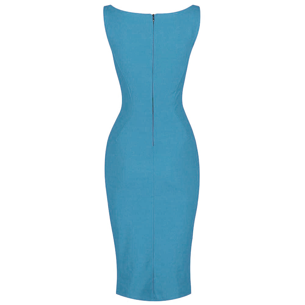 Mid Blue 40s Bodycon Sleeveless Hollywood Wiggle Dress